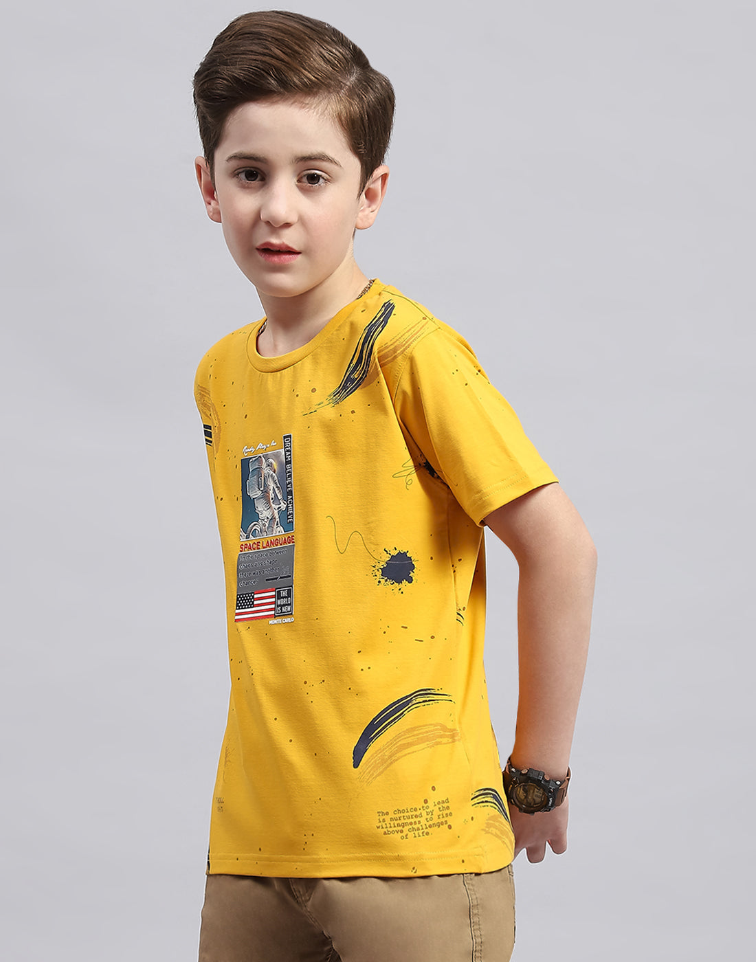 Boys Mustard Printed Round Neck Half Sleeve T-Shirt