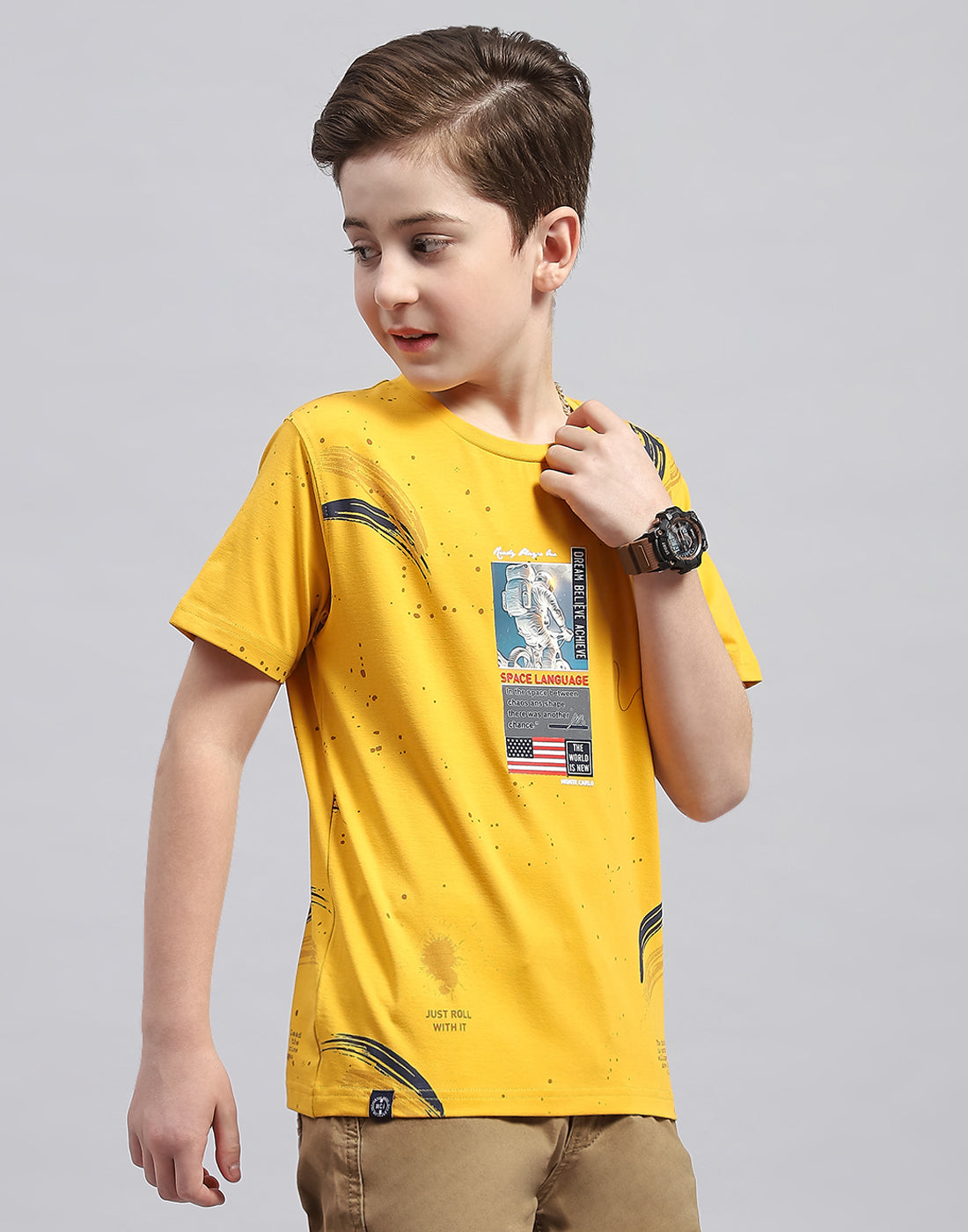 Boys Mustard Printed Round Neck Half Sleeve T-Shirt