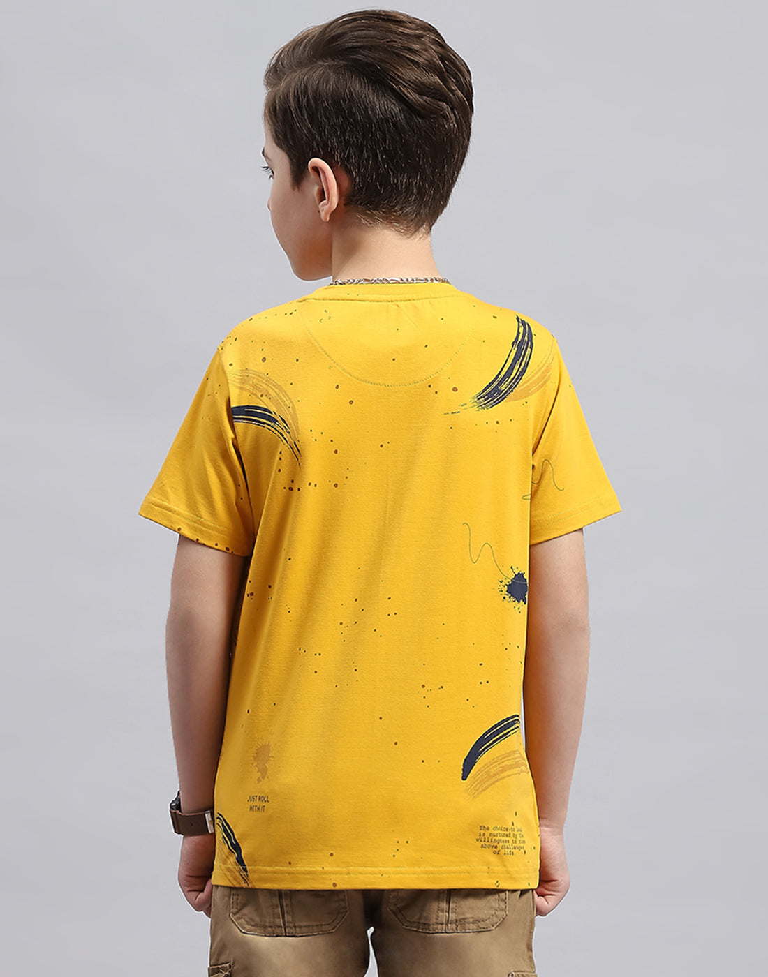 Boys Mustard Printed Round Neck Half Sleeve T-Shirt