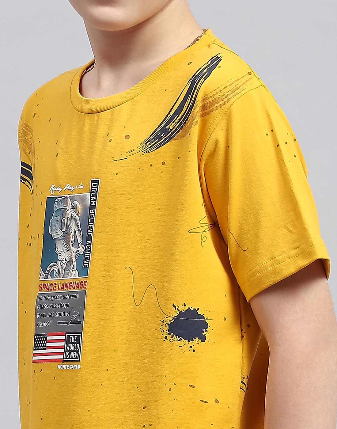 Boys Mustard Printed Round Neck Half Sleeve T-Shirt