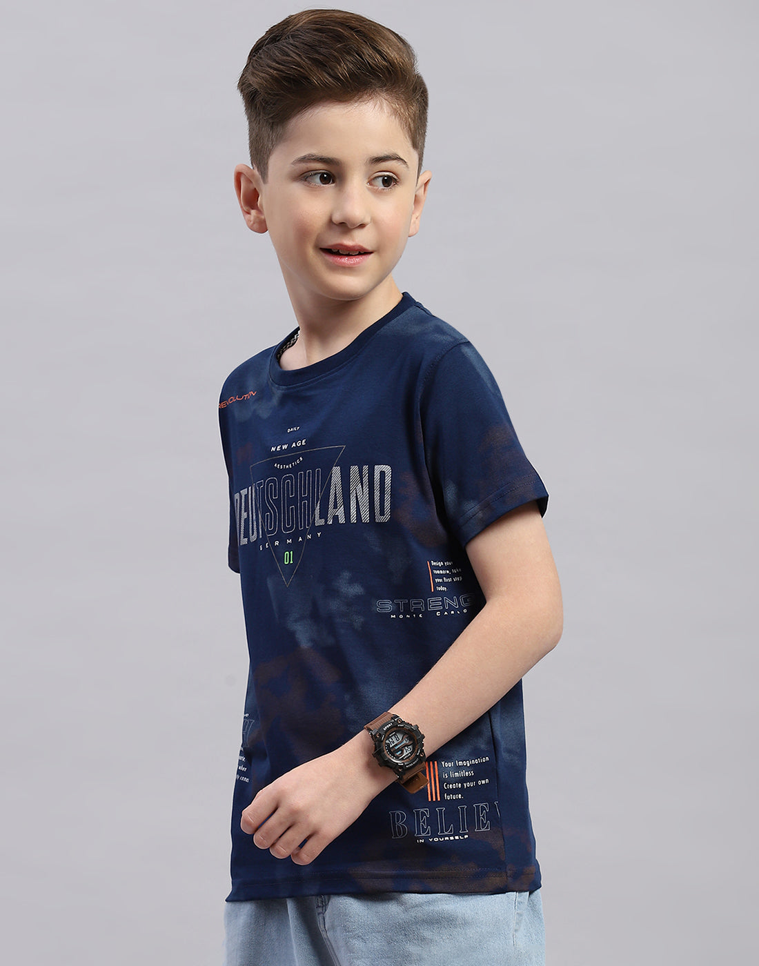 Boys Navy Blue Printed Round Neck Half Sleeve T-Shirt