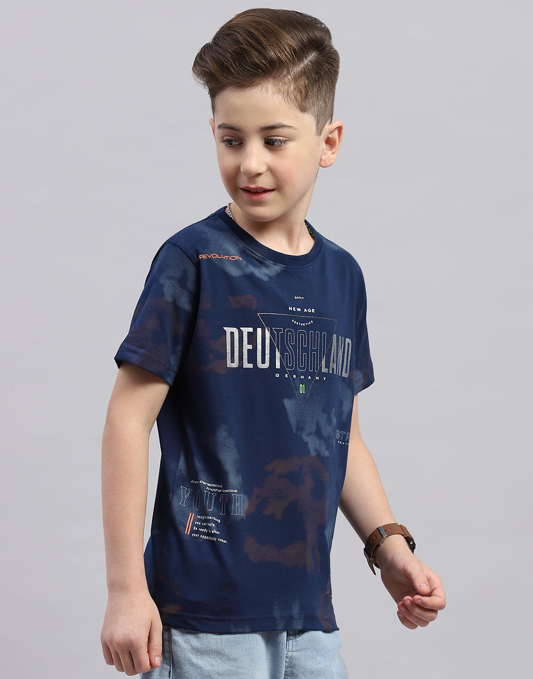 Boys Navy Blue Printed Round Neck Half Sleeve T-Shirt