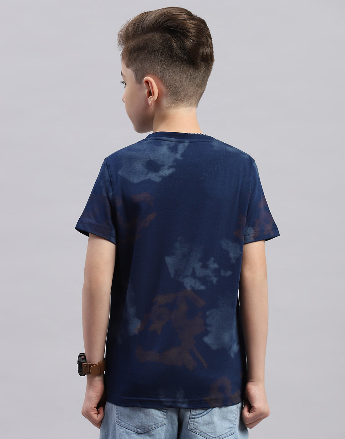 Boys Navy Blue Printed Round Neck Half Sleeve T-Shirt