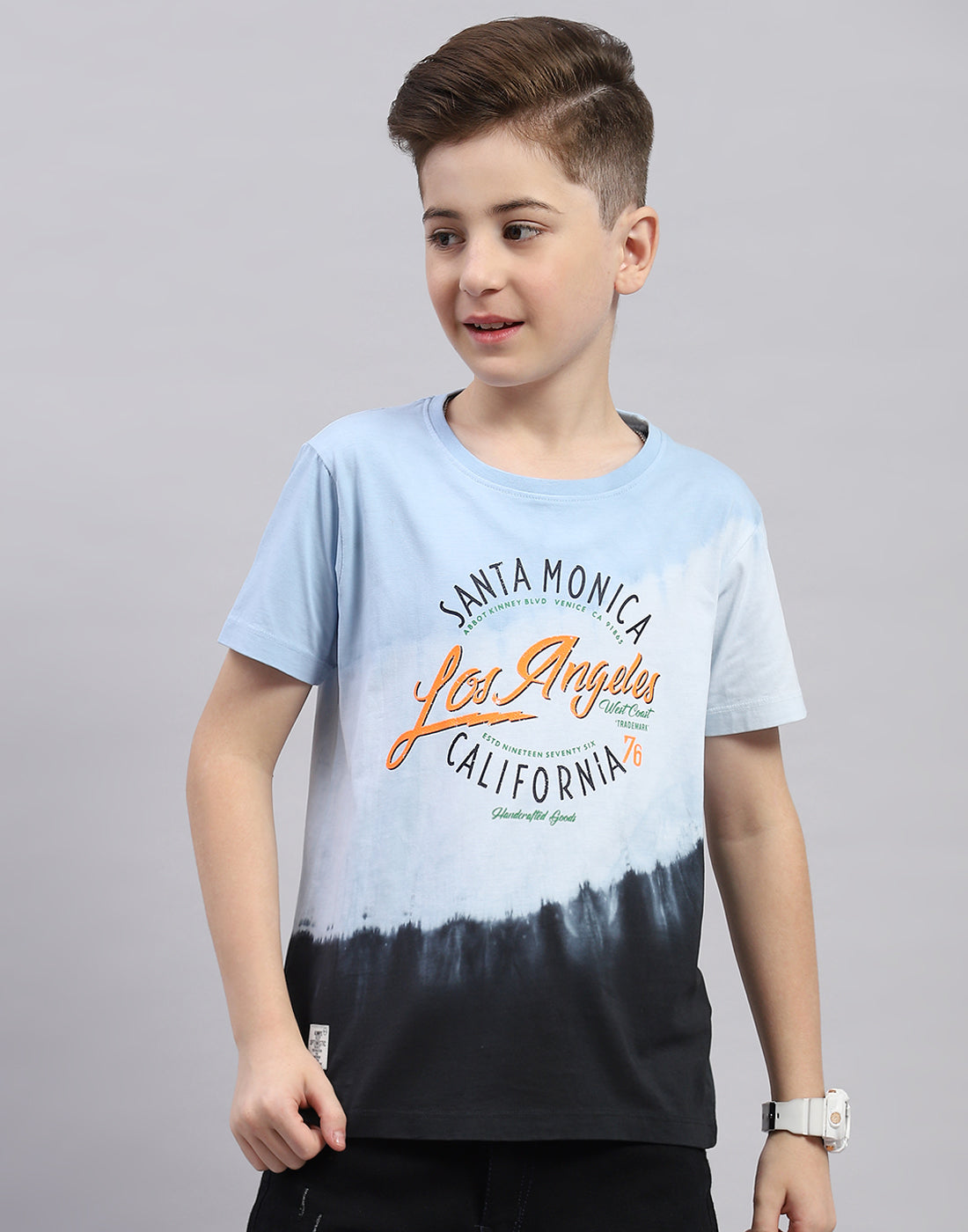 Boys Blue Printed Round Neck Half Sleeve T-Shirt