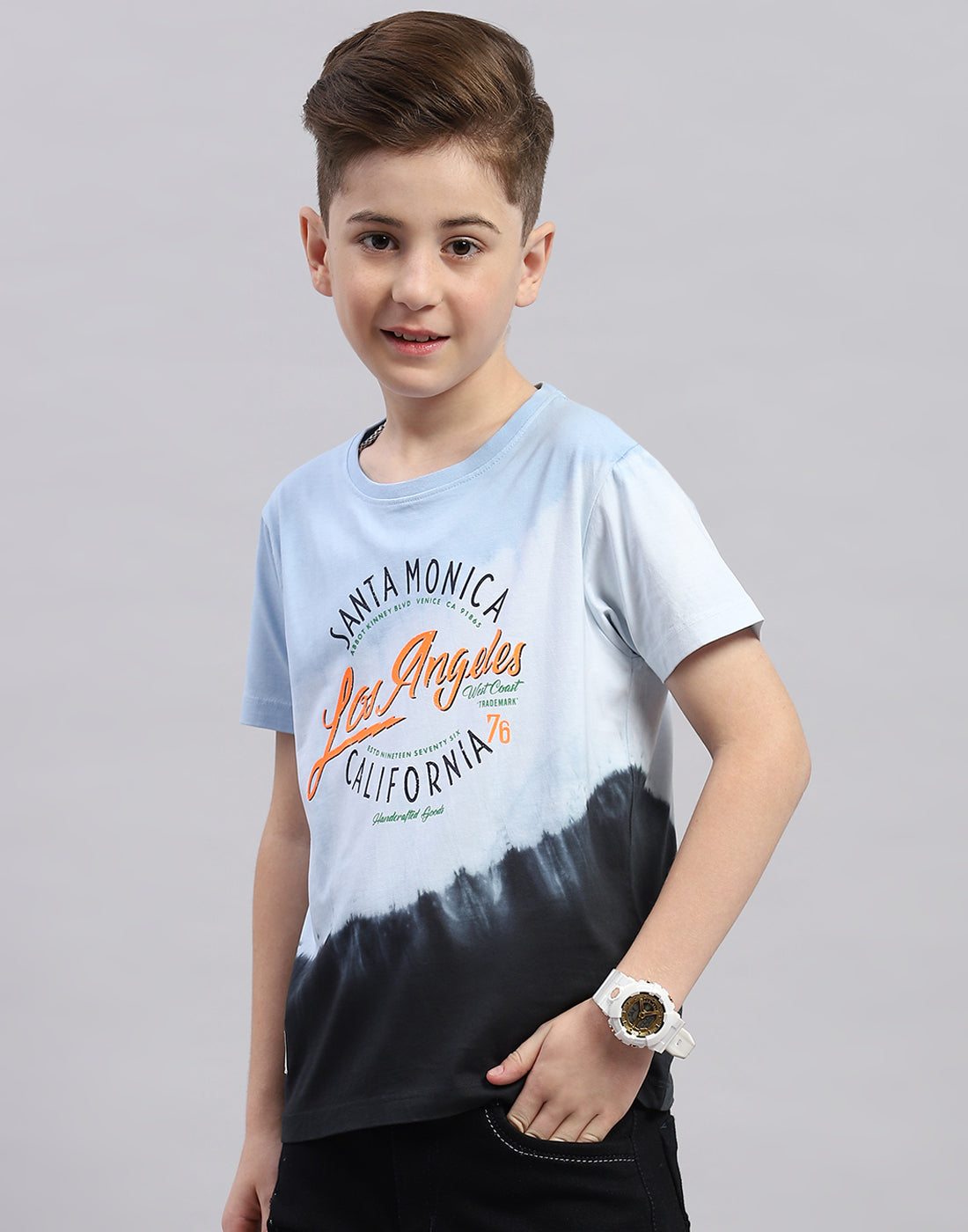 Boys Blue Printed Round Neck Half Sleeve T-Shirt