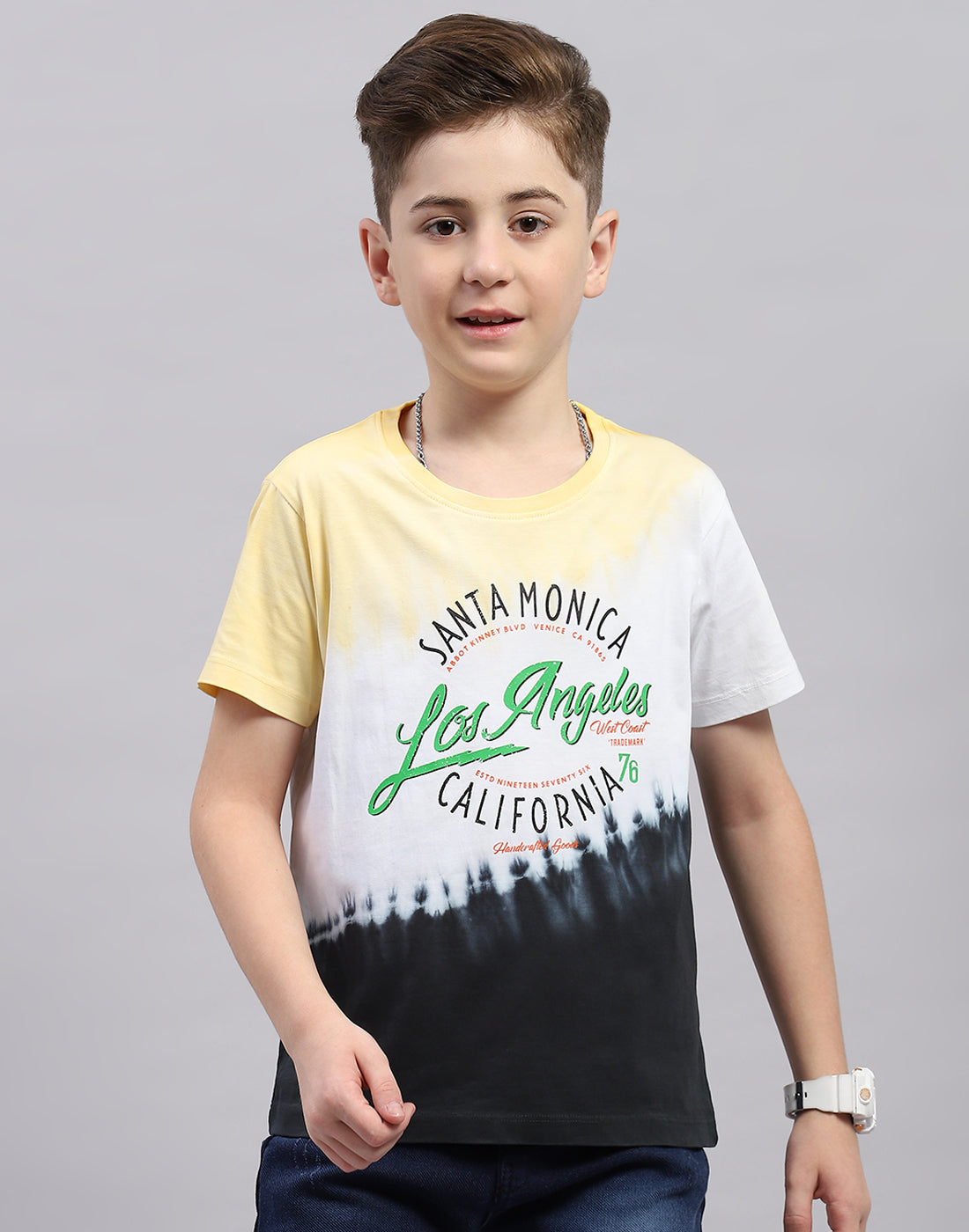 Boys Yellow Printed Round Neck Half Sleeve T-Shirt