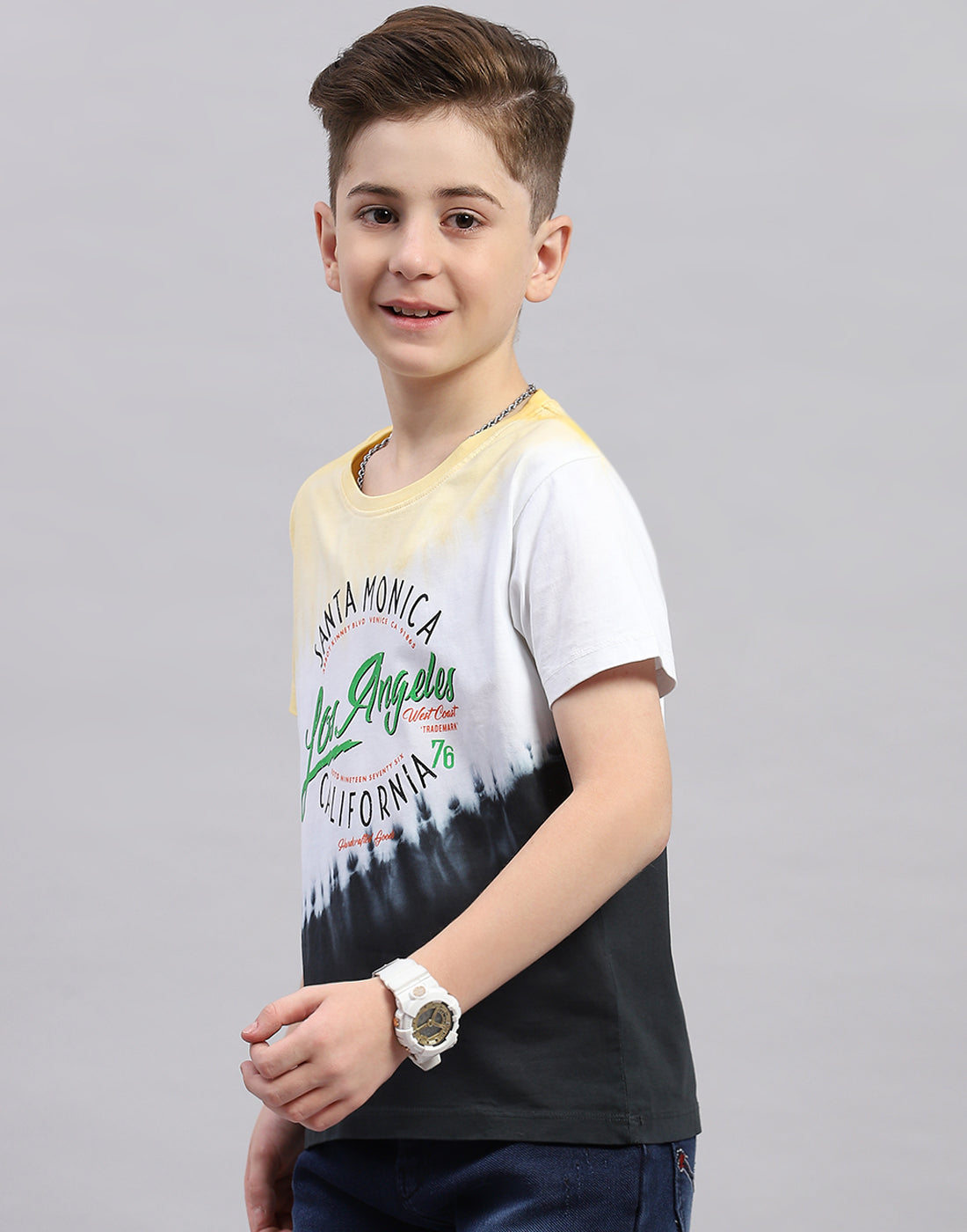 Boys Yellow Printed Round Neck Half Sleeve T-Shirt