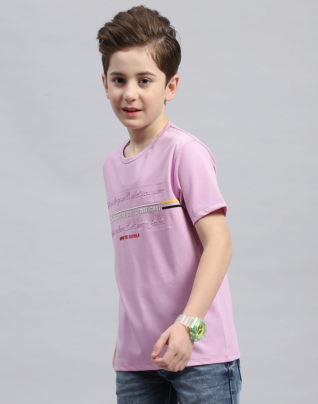 Boys Mauve Printed Round Neck Half Sleeve T-Shirt