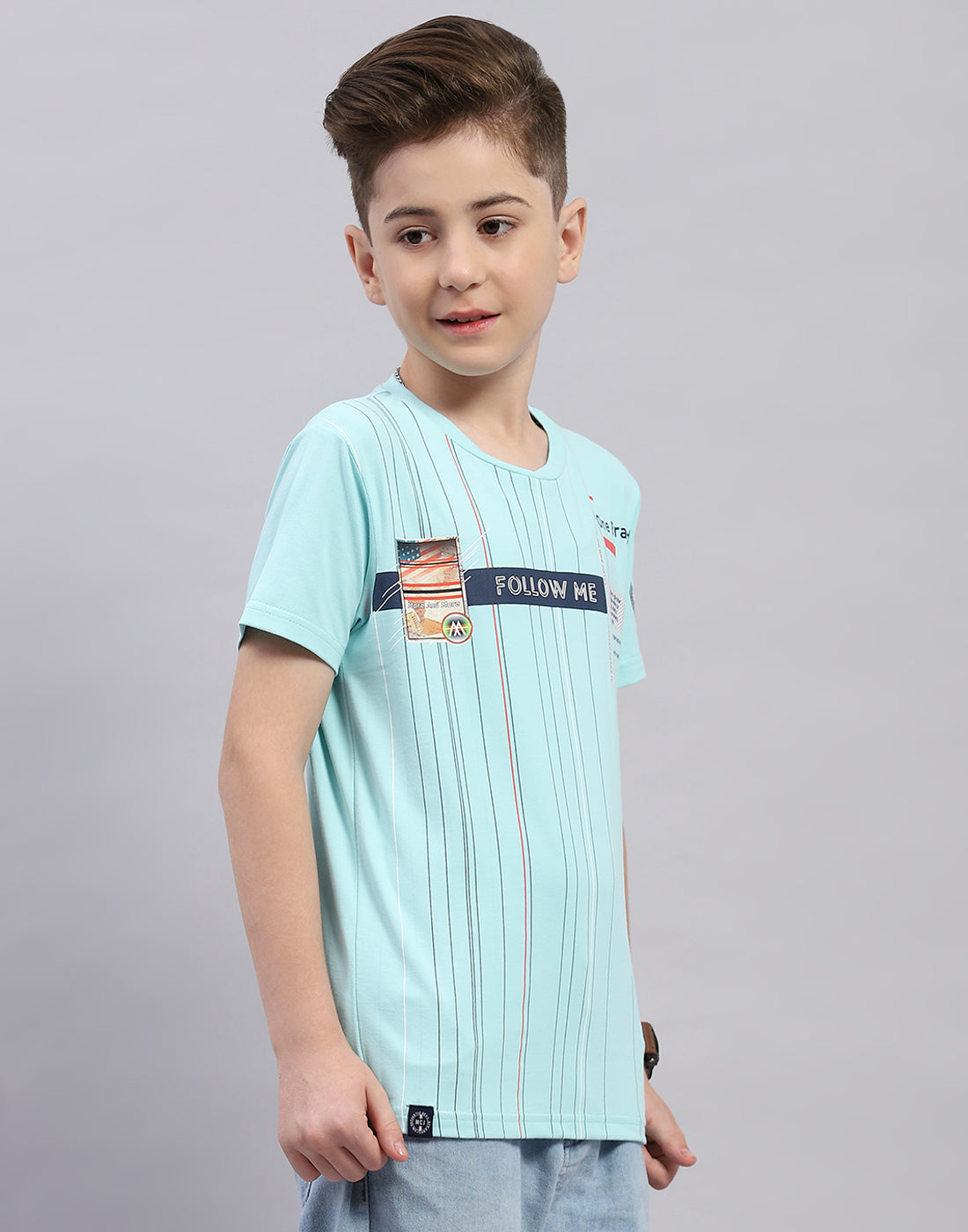 Boys Aqua Blue Printed Round Neck Half Sleeve T-Shirt