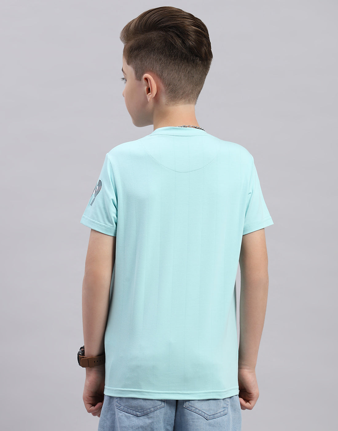 Boys Aqua Blue Printed Round Neck Half Sleeve T-Shirt