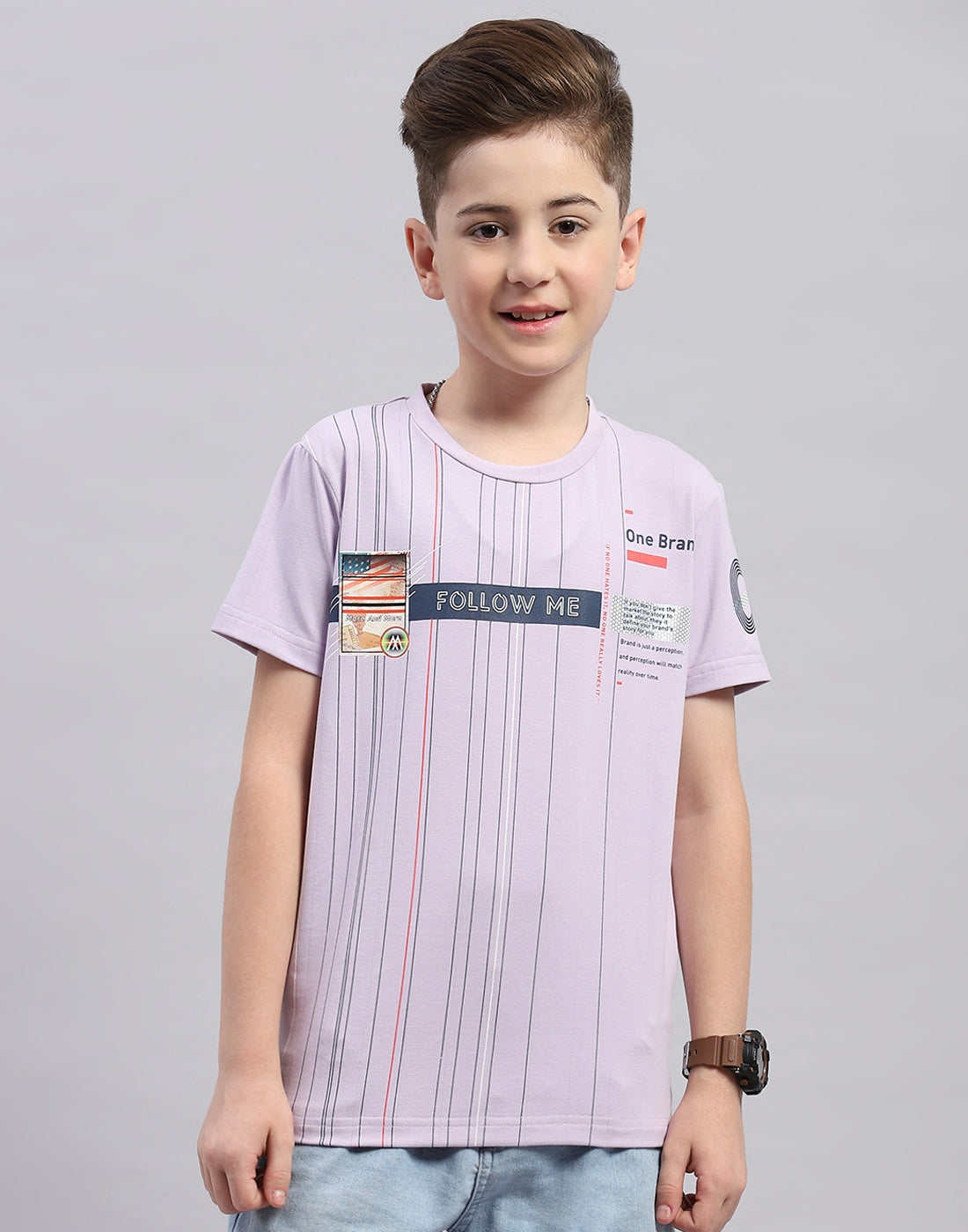 Boys Purple Printed Round Neck Half Sleeve T-Shirt