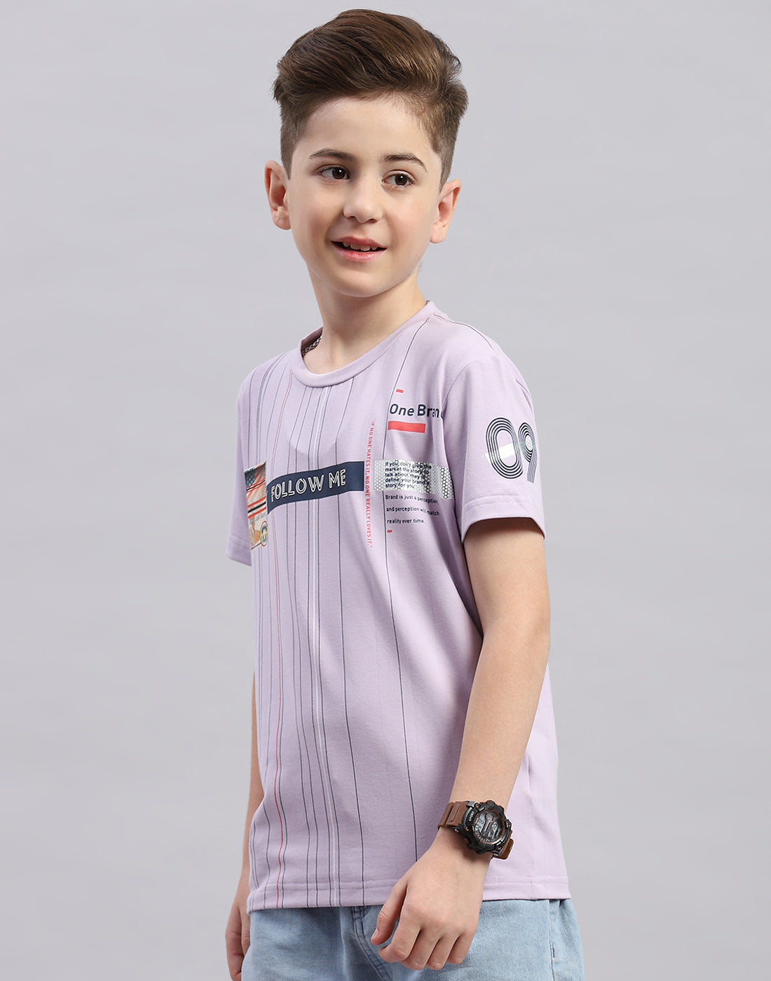 Boys Purple Printed Round Neck Half Sleeve T-Shirt