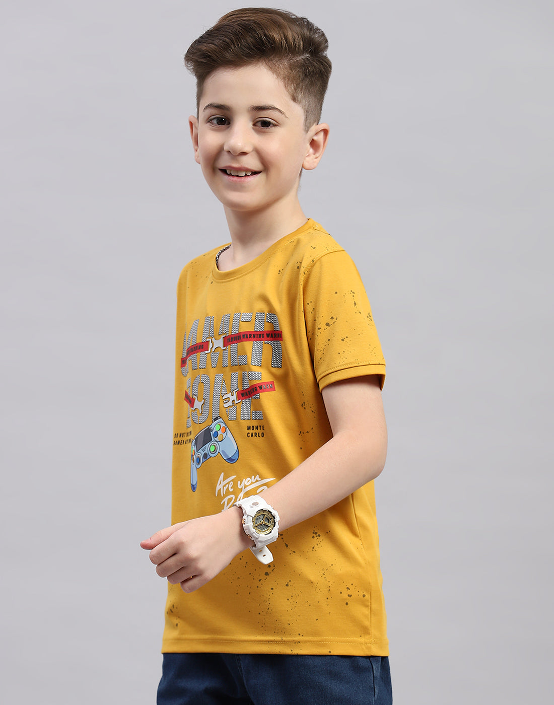 Boys Mustard Printed Round Neck Half Sleeve T-Shirt