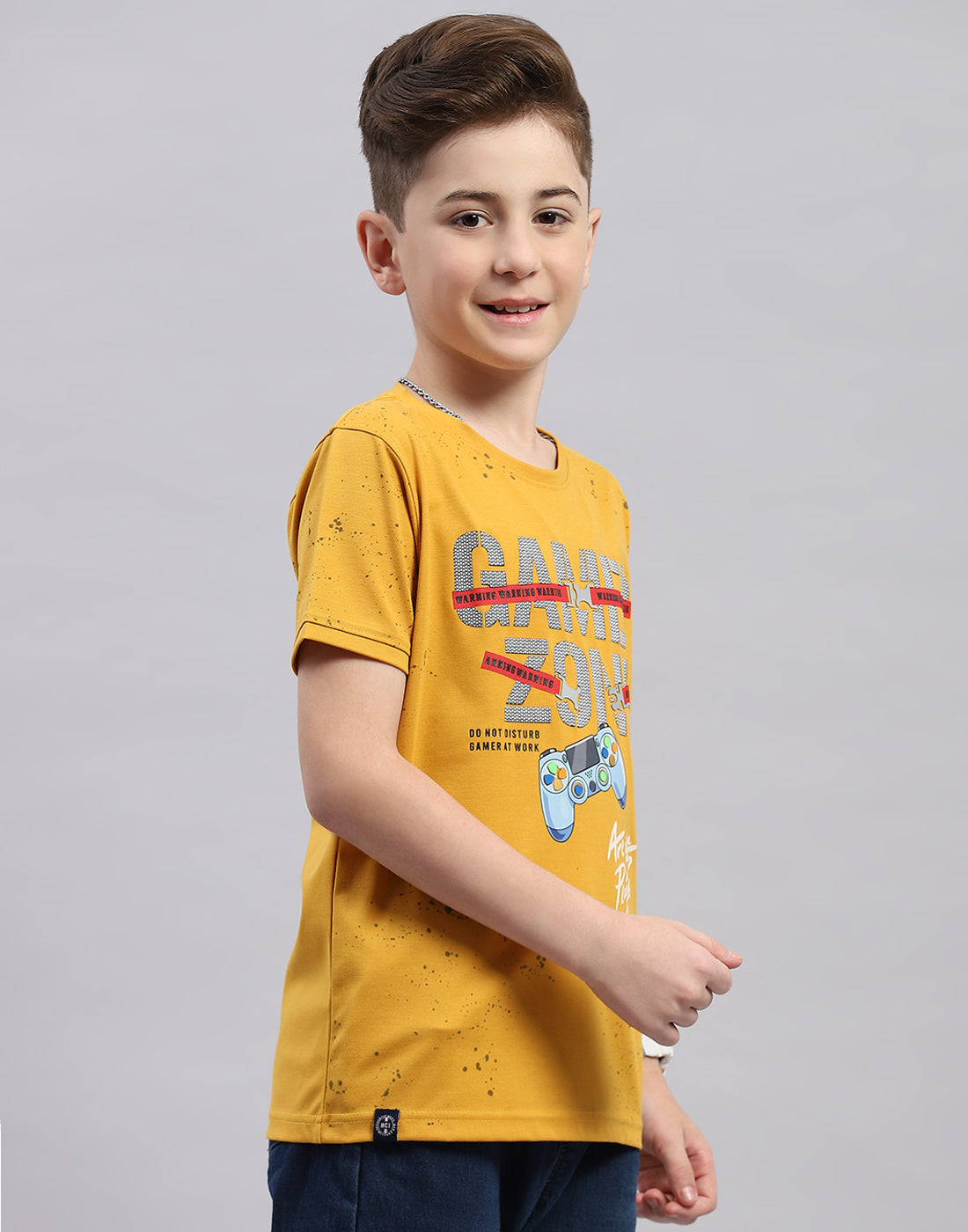 Boys Mustard Printed Round Neck Half Sleeve T-Shirt