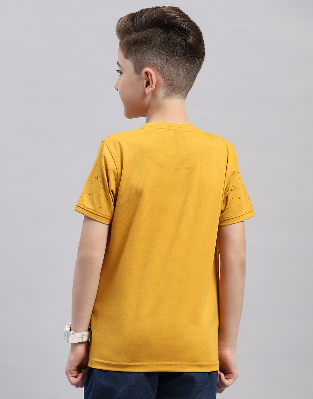 Boys Mustard Printed Round Neck Half Sleeve T-Shirt