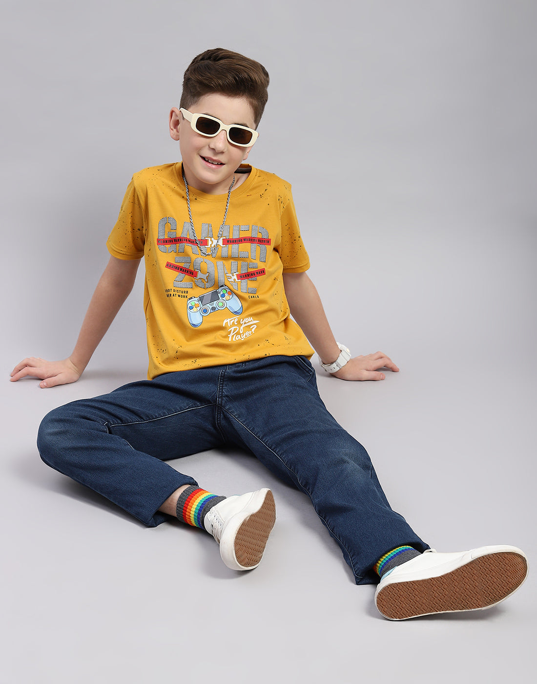 Boys Mustard Printed Round Neck Half Sleeve T-Shirt