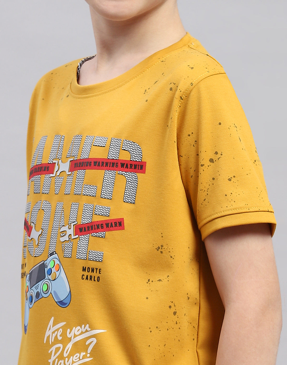 Boys Mustard Printed Round Neck Half Sleeve T-Shirt