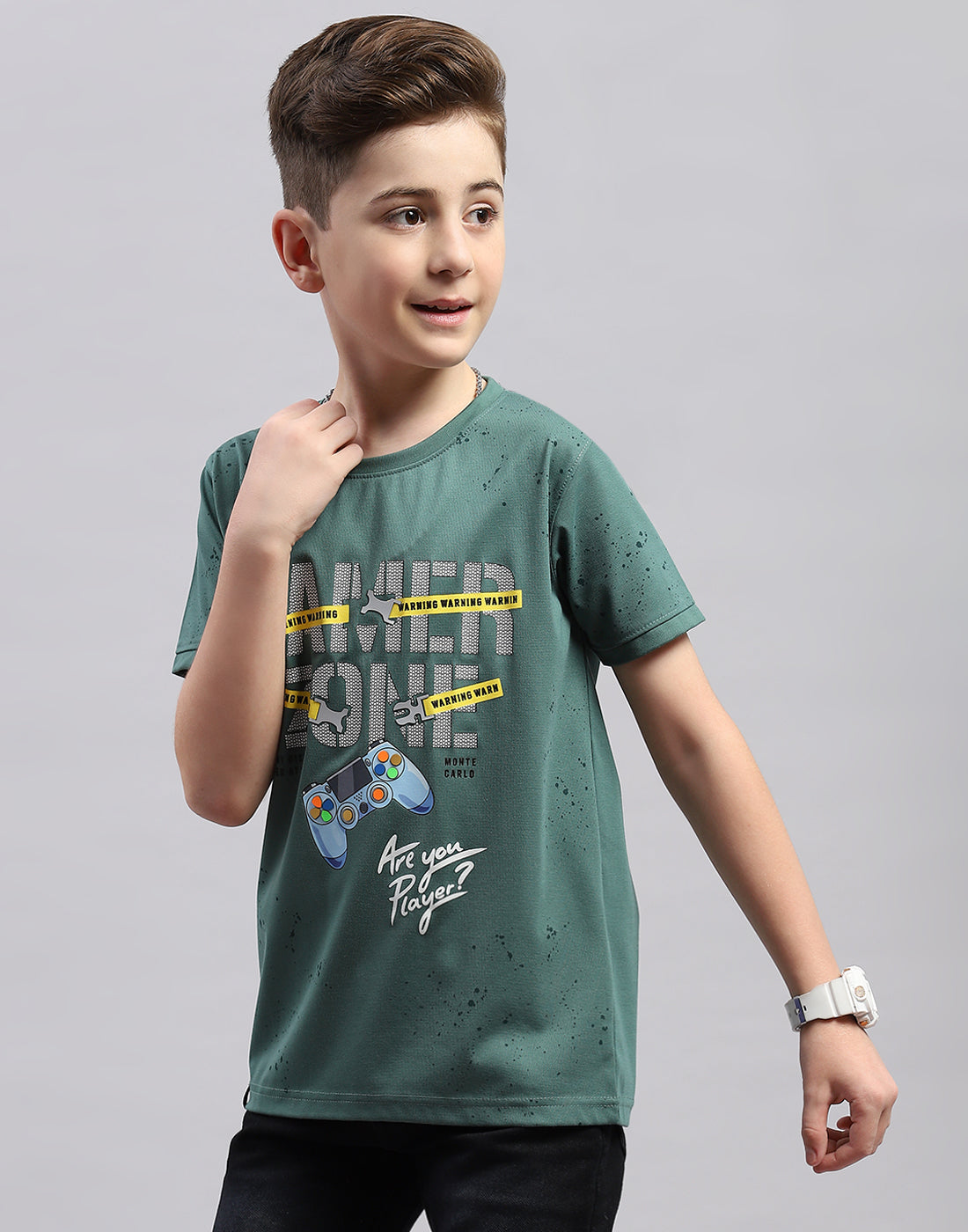 Boys Green Printed Round Neck Half Sleeve T-Shirt