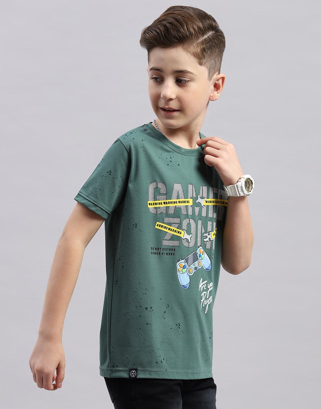 Boys Green Printed Round Neck Half Sleeve T-Shirt