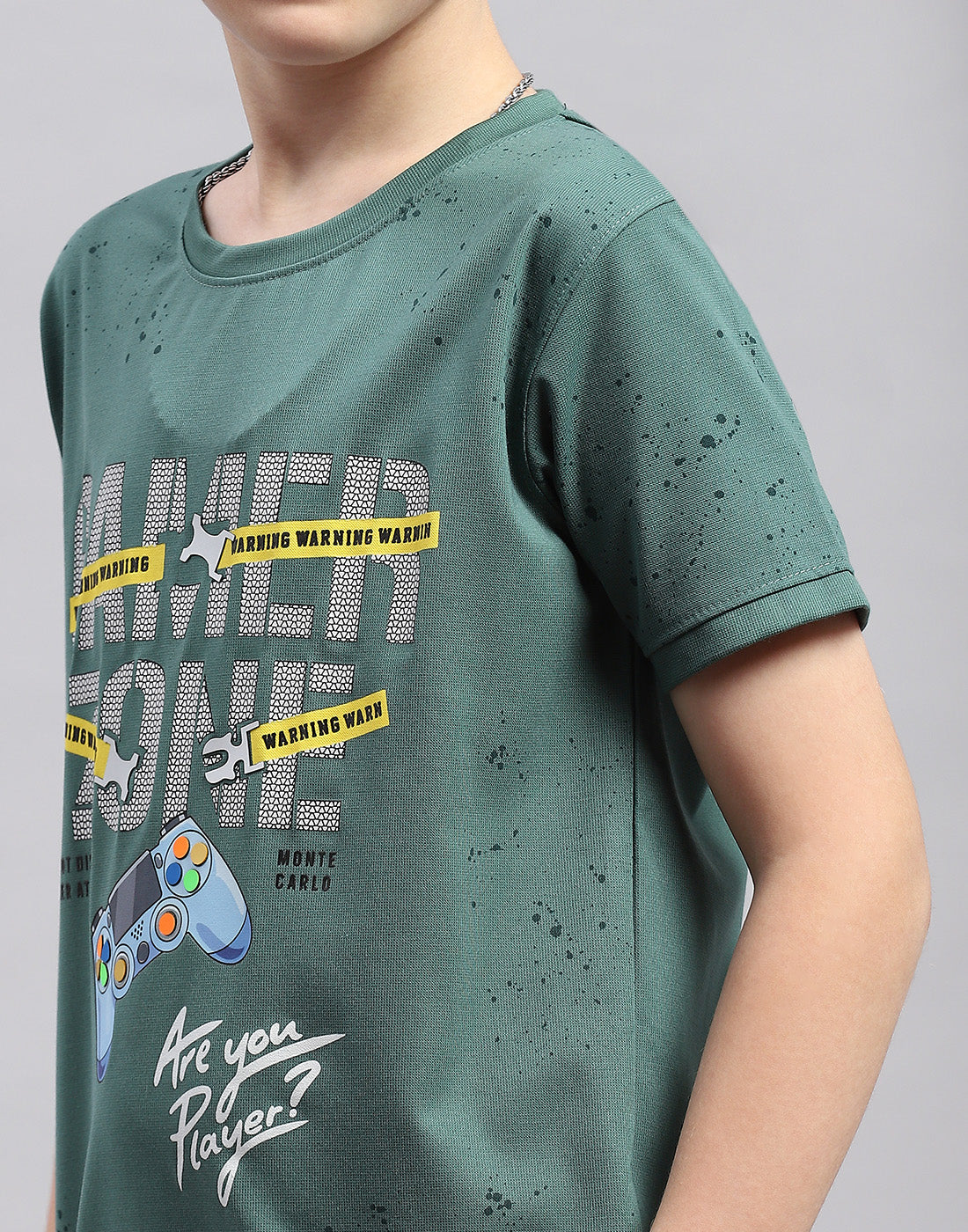 Boys Green Printed Round Neck Half Sleeve T-Shirt