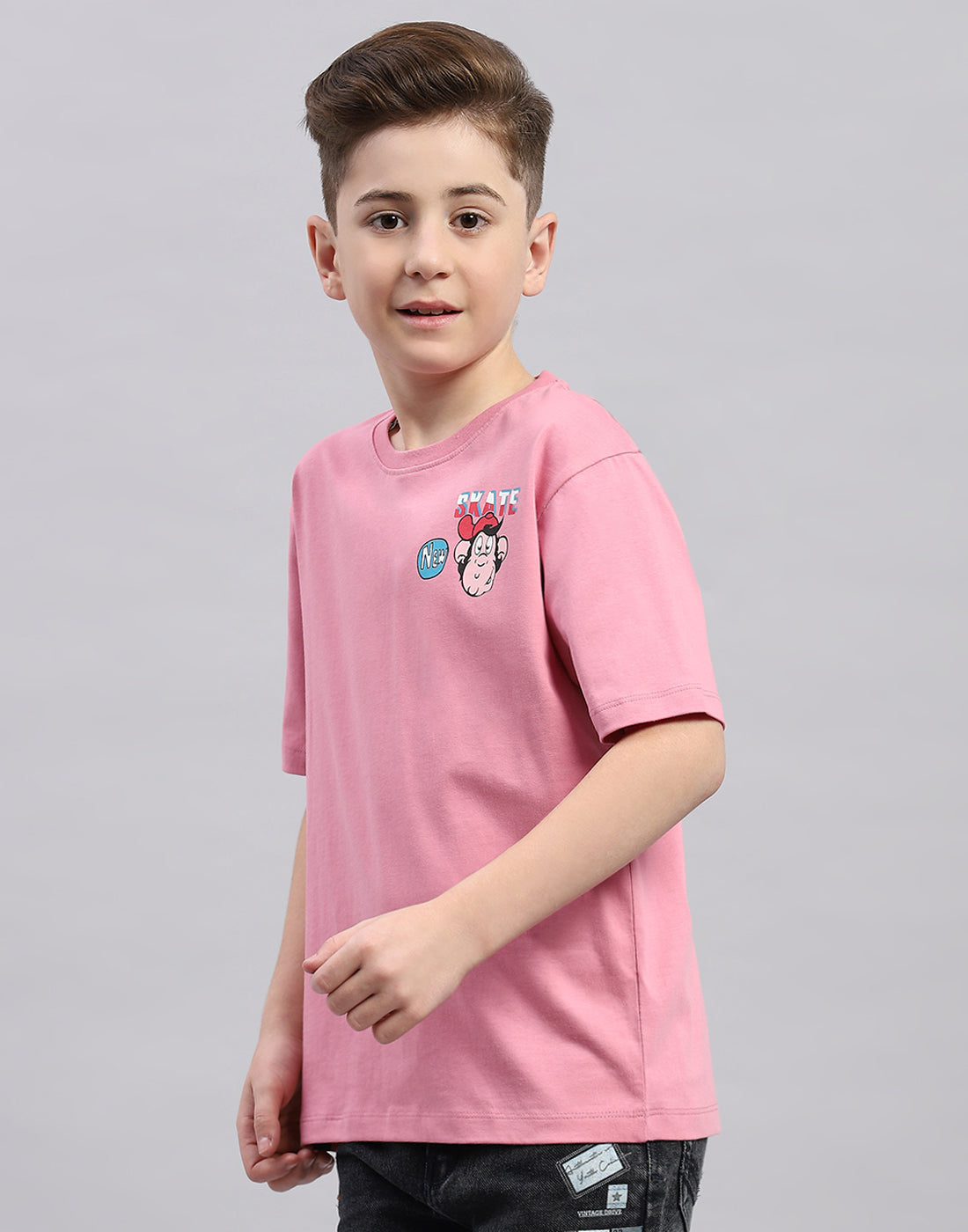 Boys Pink Printed Round Neck Half Sleeve T-Shirt