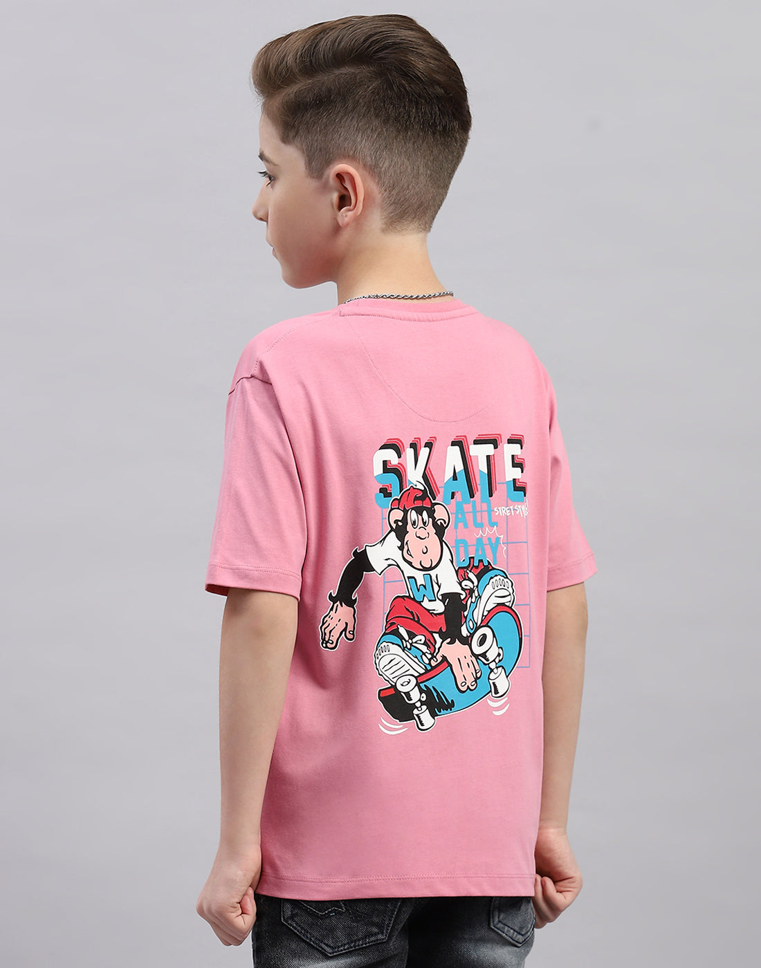 Boys Pink Printed Round Neck Half Sleeve T-Shirt