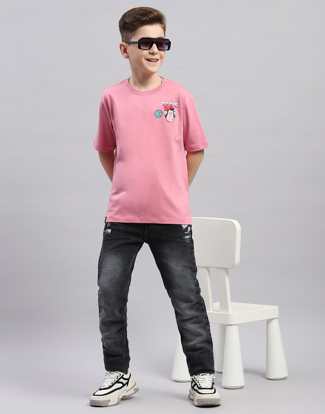 Boys Pink Printed Round Neck Half Sleeve T-Shirt