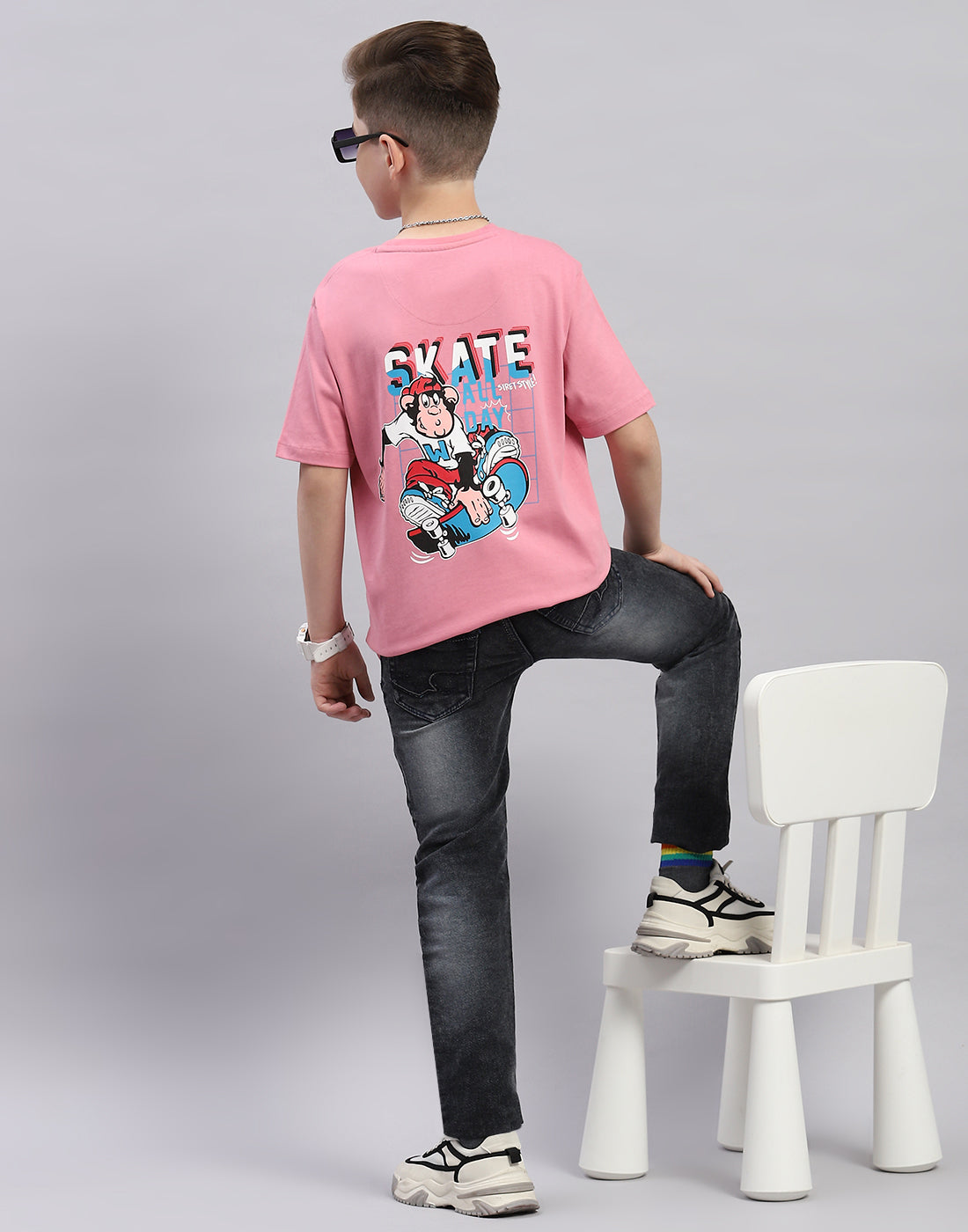 Boys Pink Printed Round Neck Half Sleeve T-Shirt