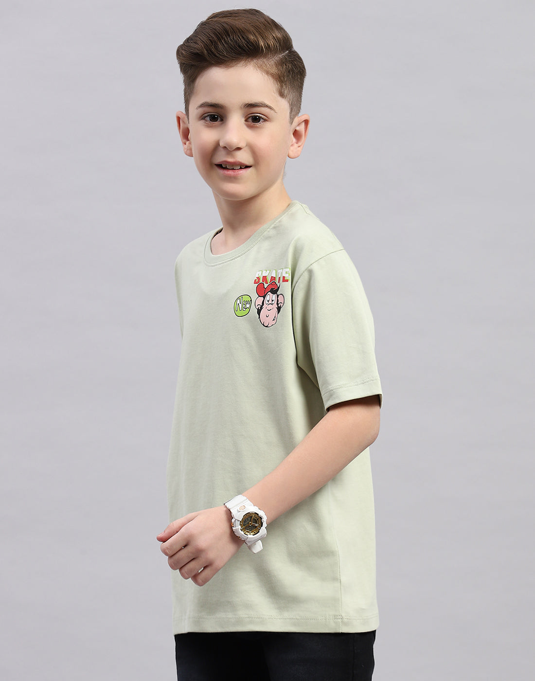 Boys Green Printed Round Neck Half Sleeve T-Shirt