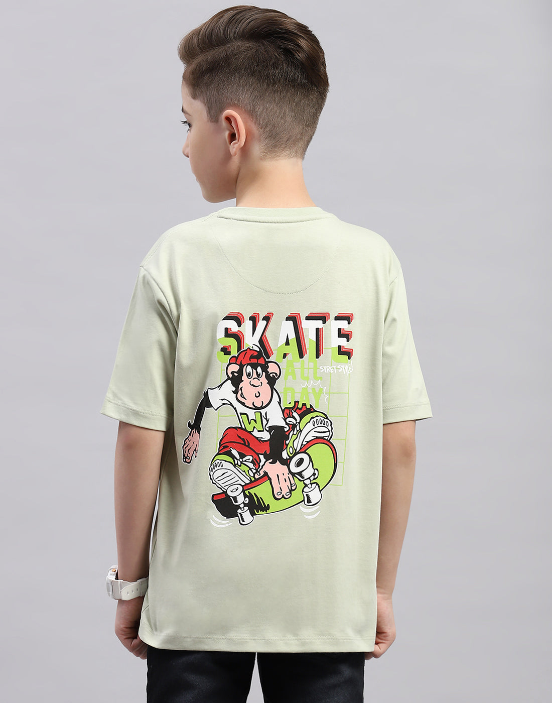 Boys Green Printed Round Neck Half Sleeve T-Shirt