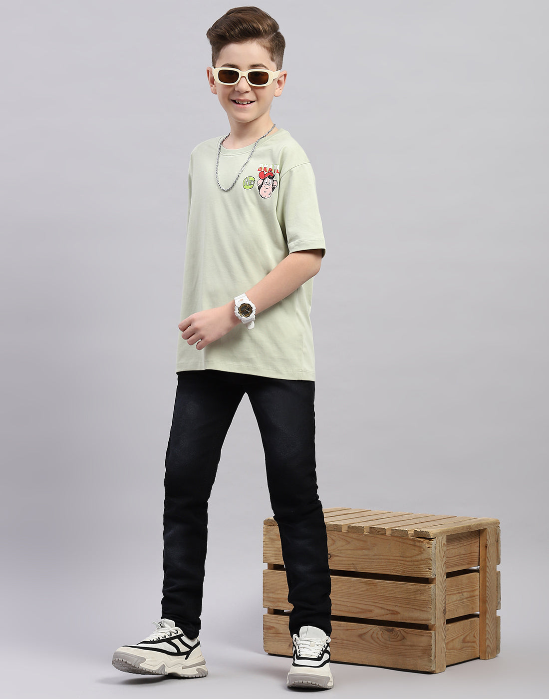 Boys Green Printed Round Neck Half Sleeve T-Shirt