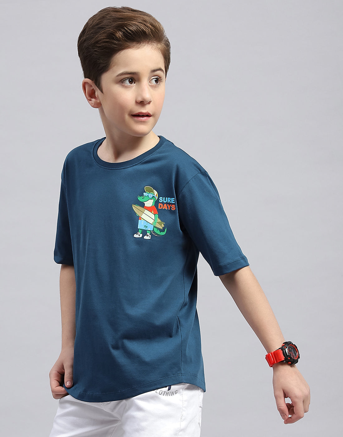 Boys Teal Blue Printed Round Neck Half Sleeve T-Shirt