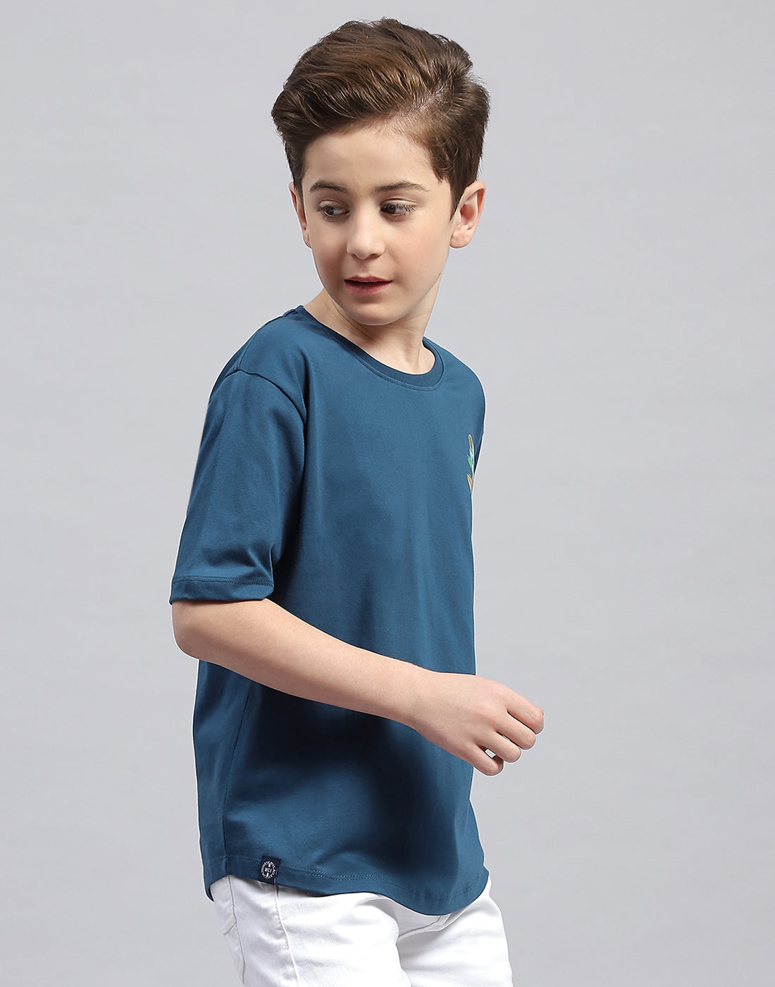 Boys Teal Blue Printed Round Neck Half Sleeve T-Shirt