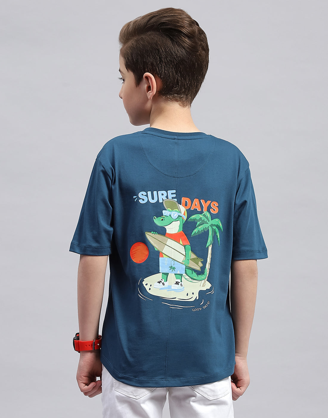 Boys Teal Blue Printed Round Neck Half Sleeve T-Shirt