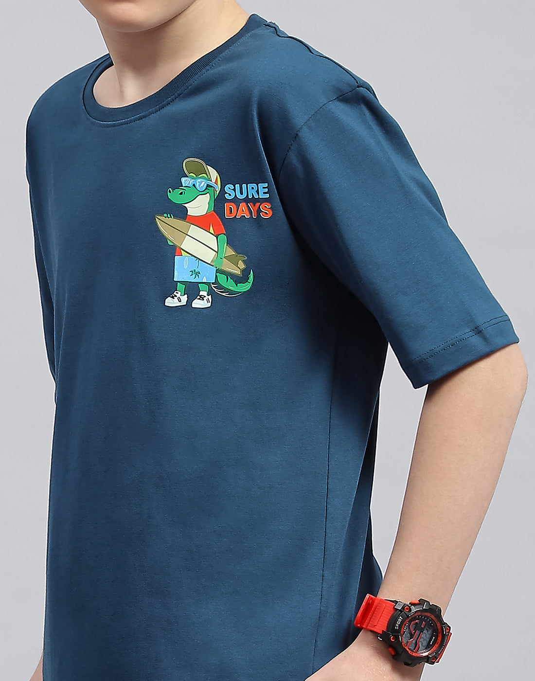 Boys Teal Blue Printed Round Neck Half Sleeve T-Shirt