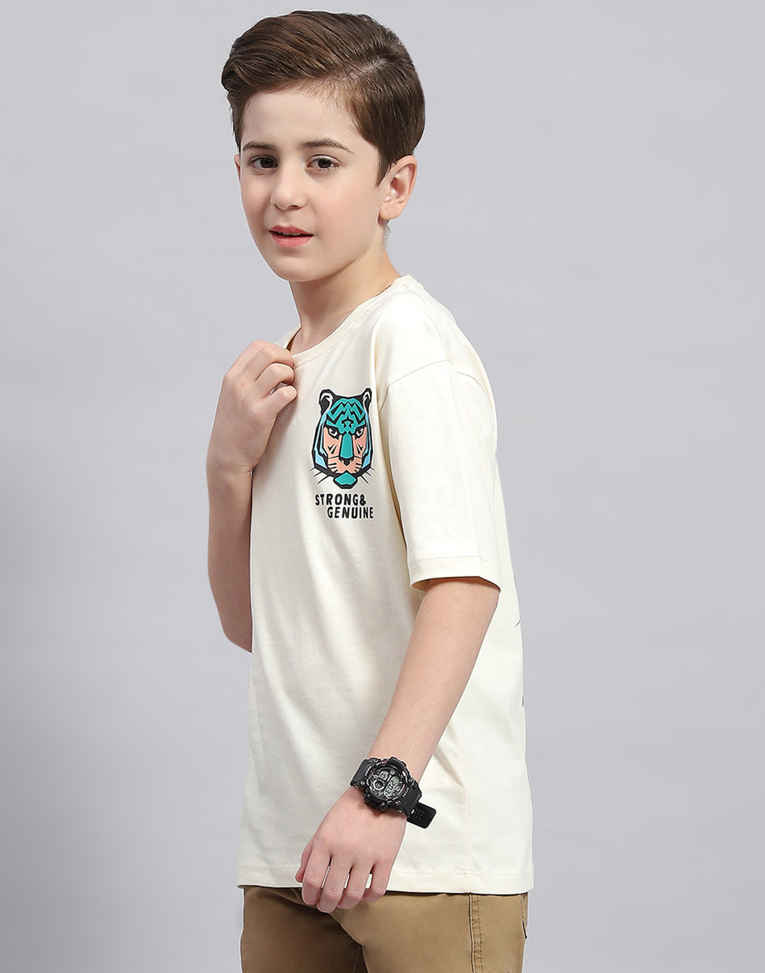 Boys Off White Printed Round Neck Half Sleeve T-Shirt