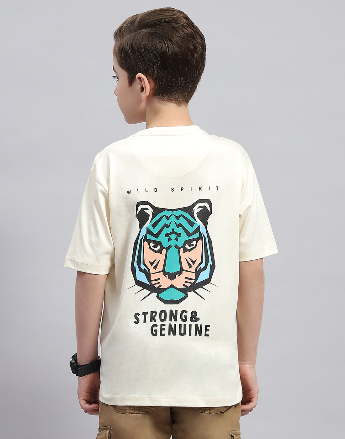 Boys Off White Printed Round Neck Half Sleeve T-Shirt