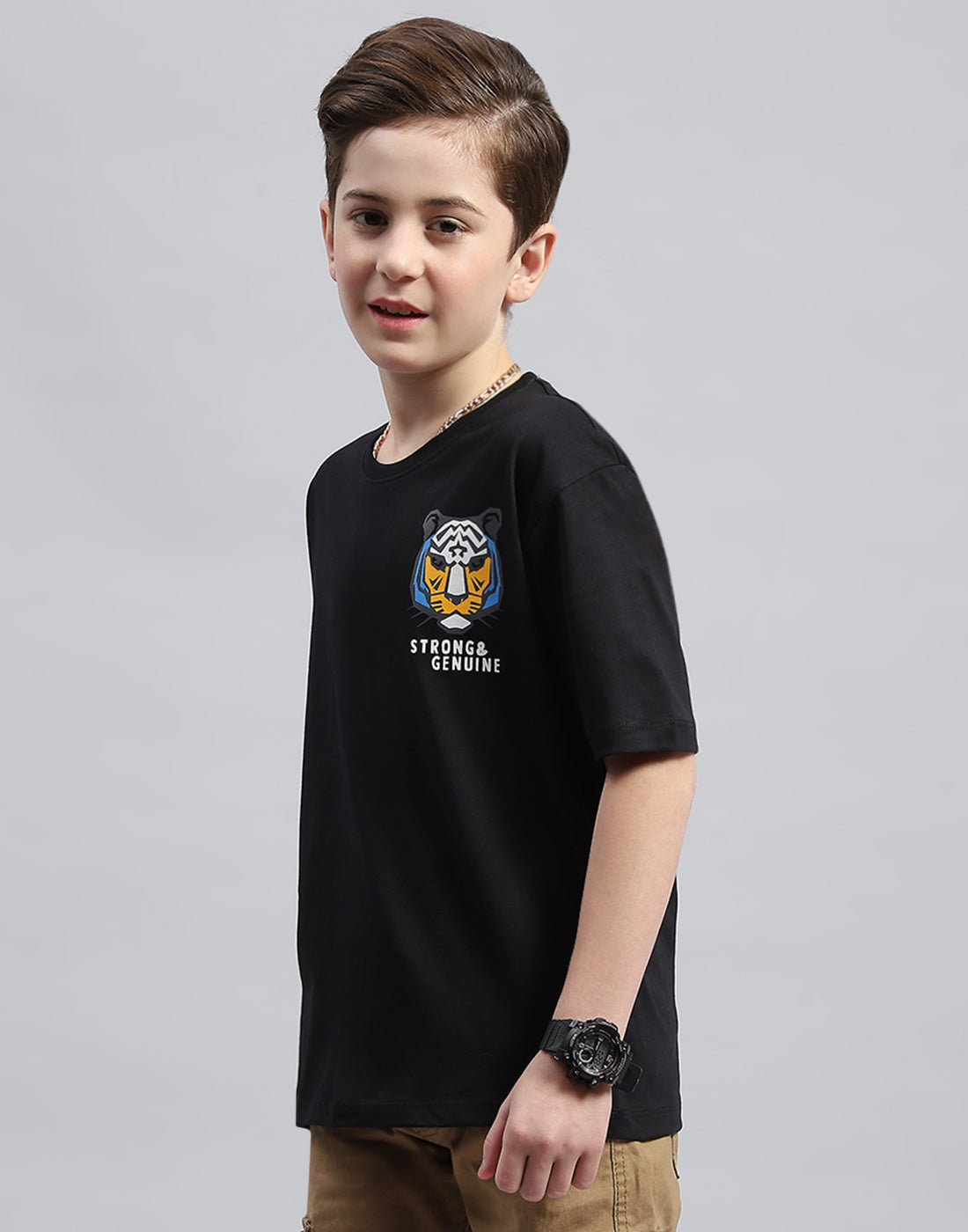 Boys Black Printed Round Neck Half Sleeve T-Shirt