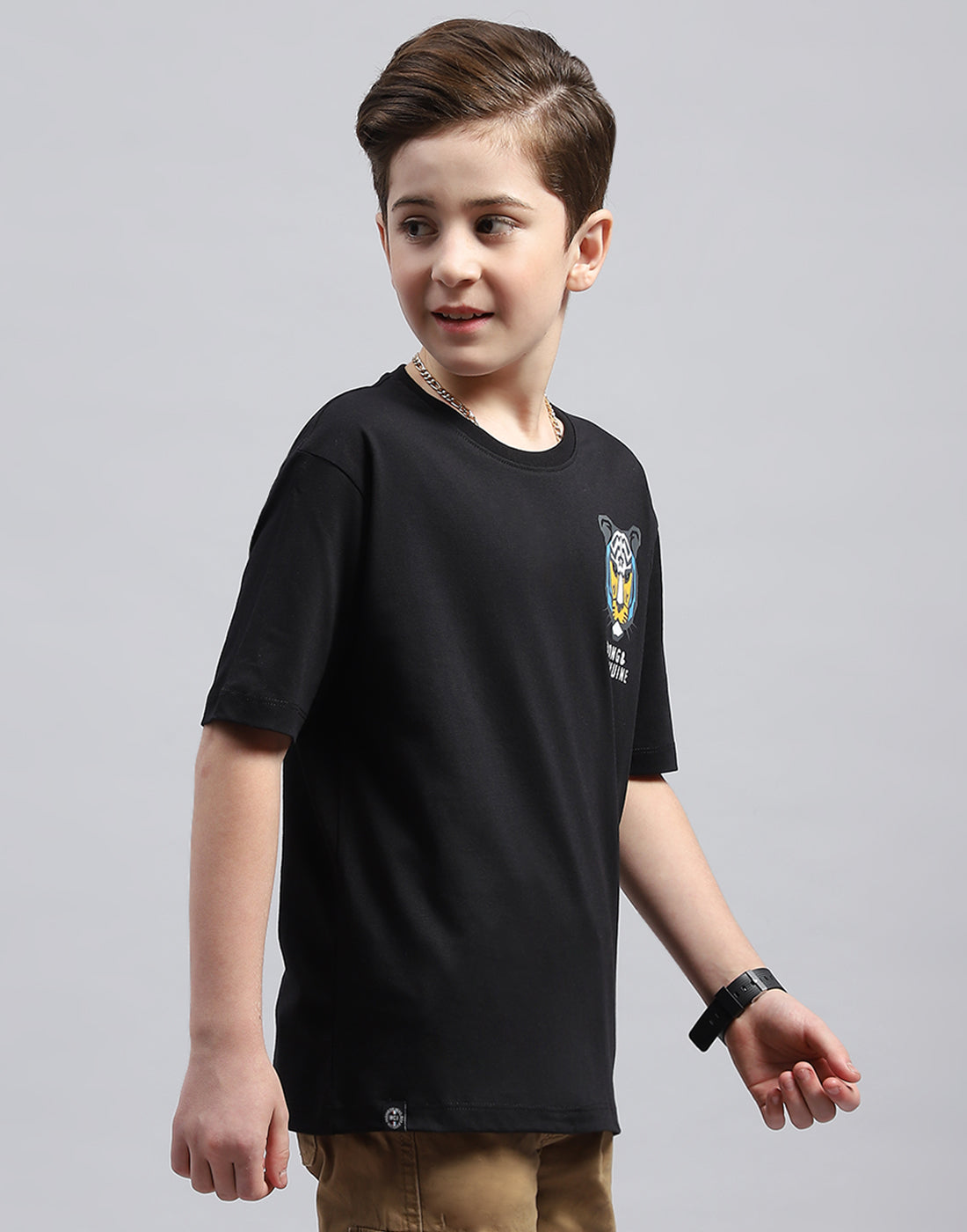 Boys Black Printed Round Neck Half Sleeve T-Shirt