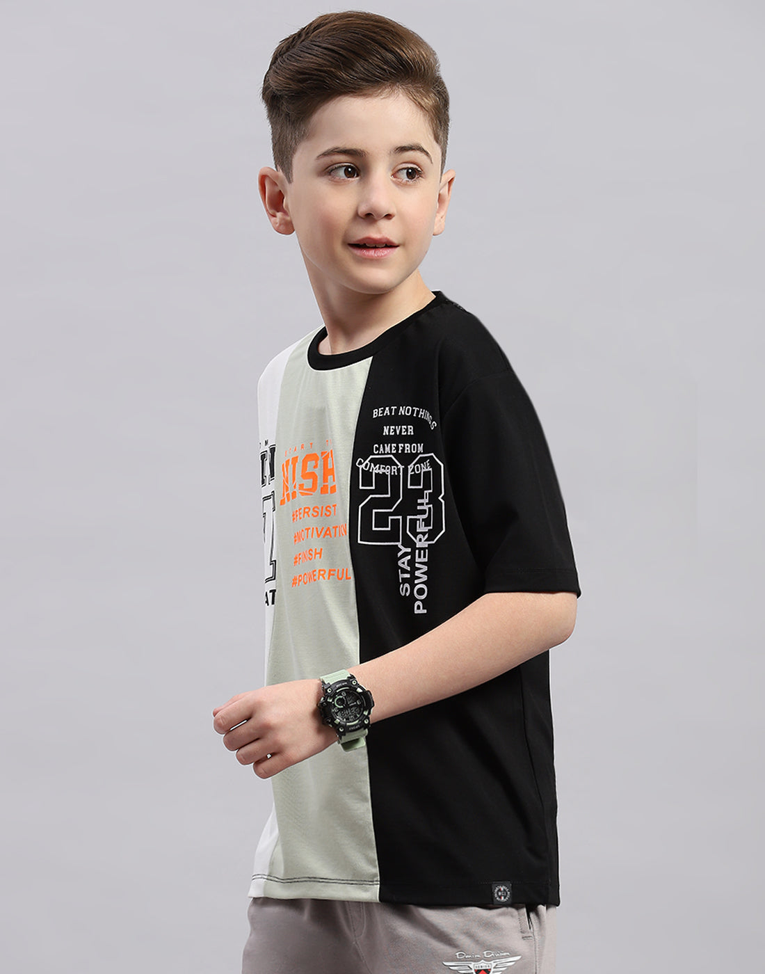 Boys Black Printed Round Neck Half Sleeve T-Shirt