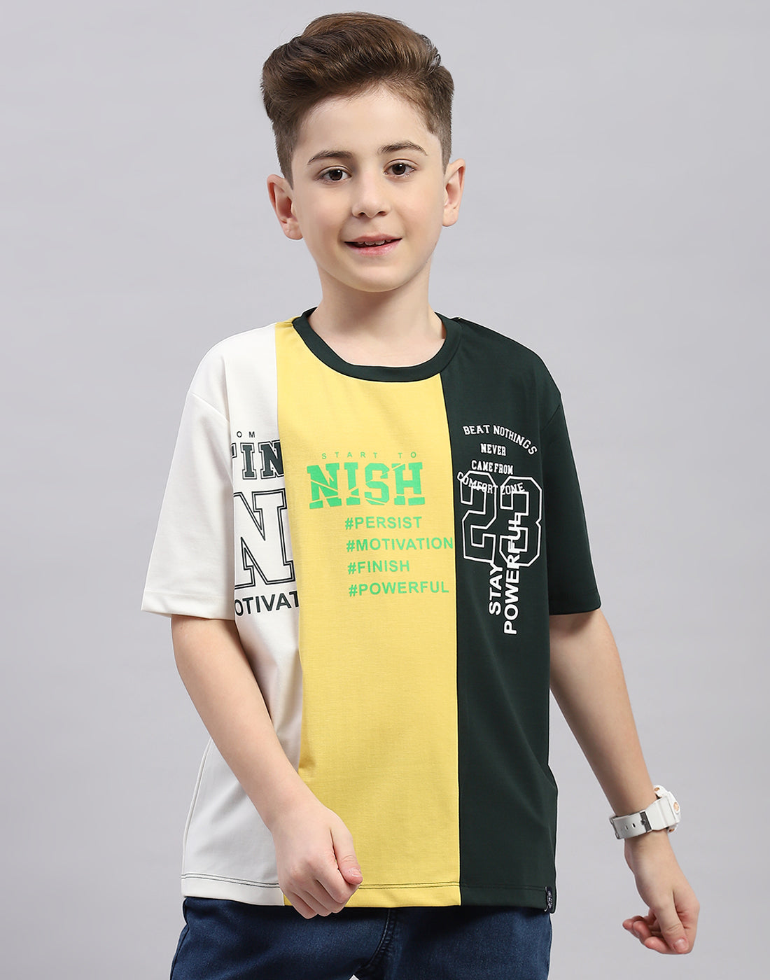 Boys Green Printed Round Neck Half Sleeve T-Shirt