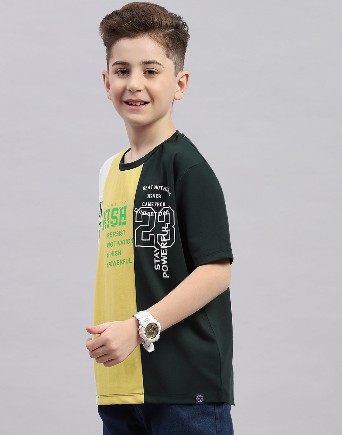 Boys Green Printed Round Neck Half Sleeve T-Shirt