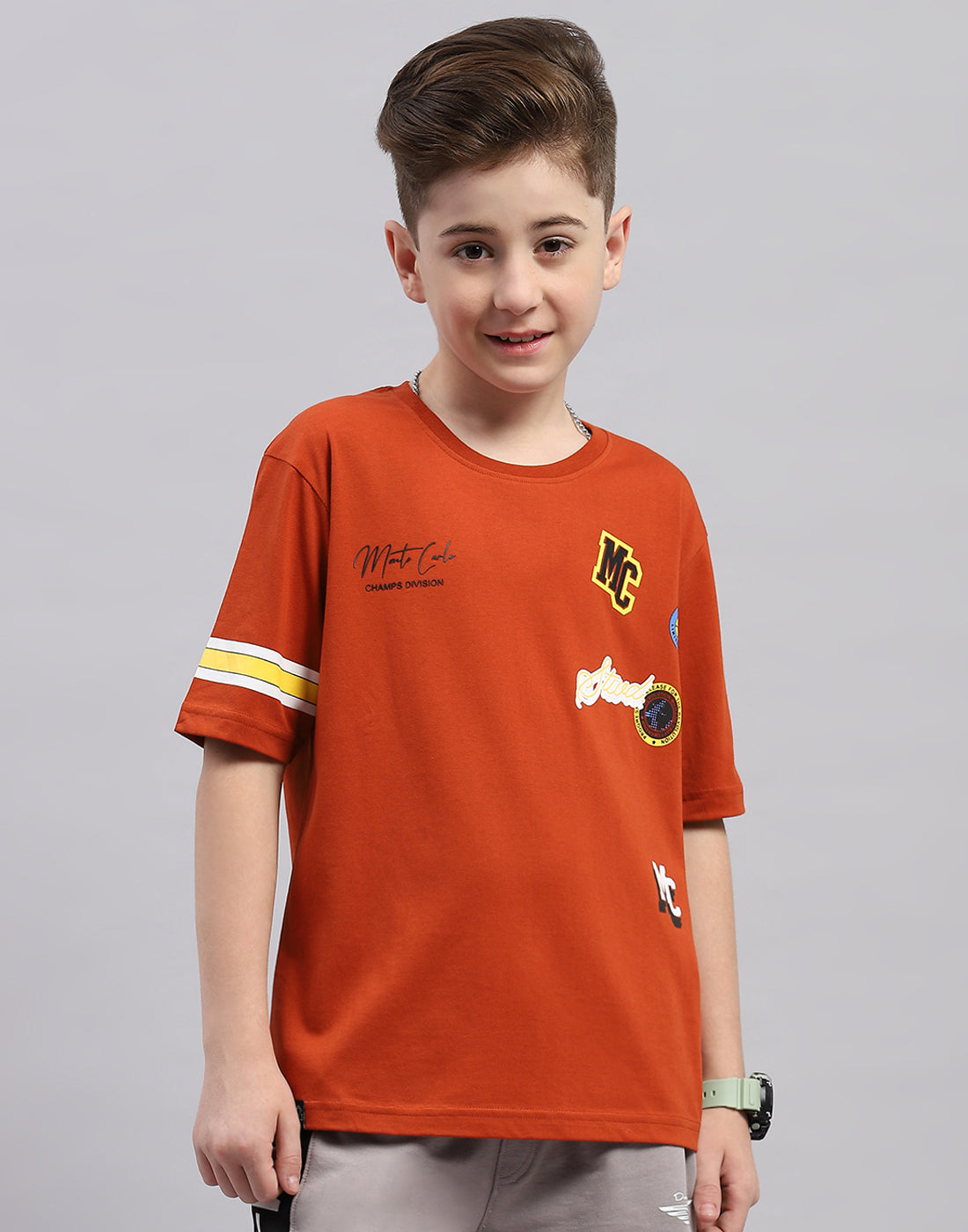 Boys Brown Printed Round Neck Half Sleeve T-Shirt