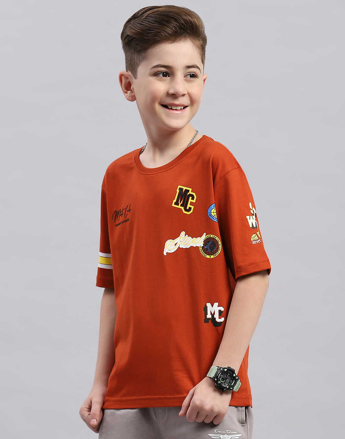 Boys Brown Printed Round Neck Half Sleeve T-Shirt