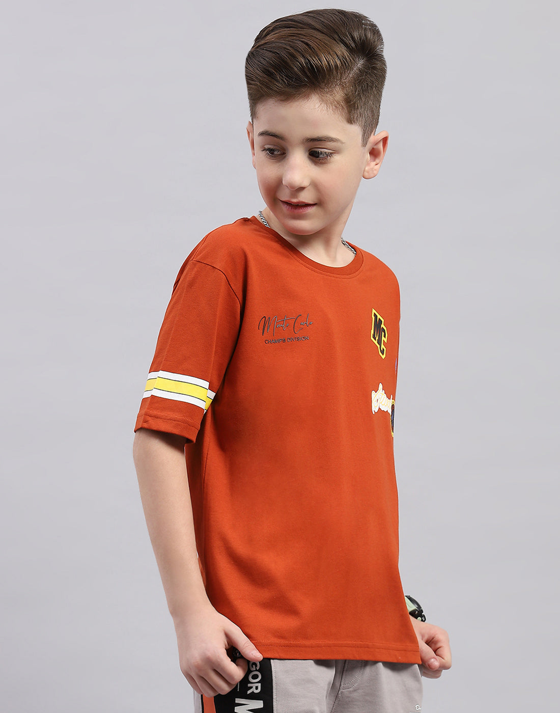 Boys Brown Printed Round Neck Half Sleeve T-Shirt