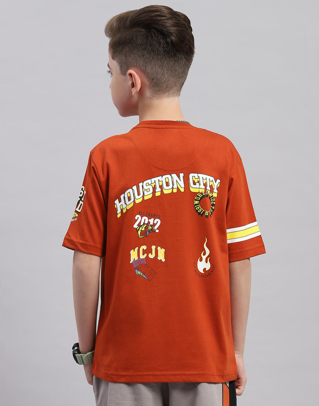 Boys Brown Printed Round Neck Half Sleeve T-Shirt