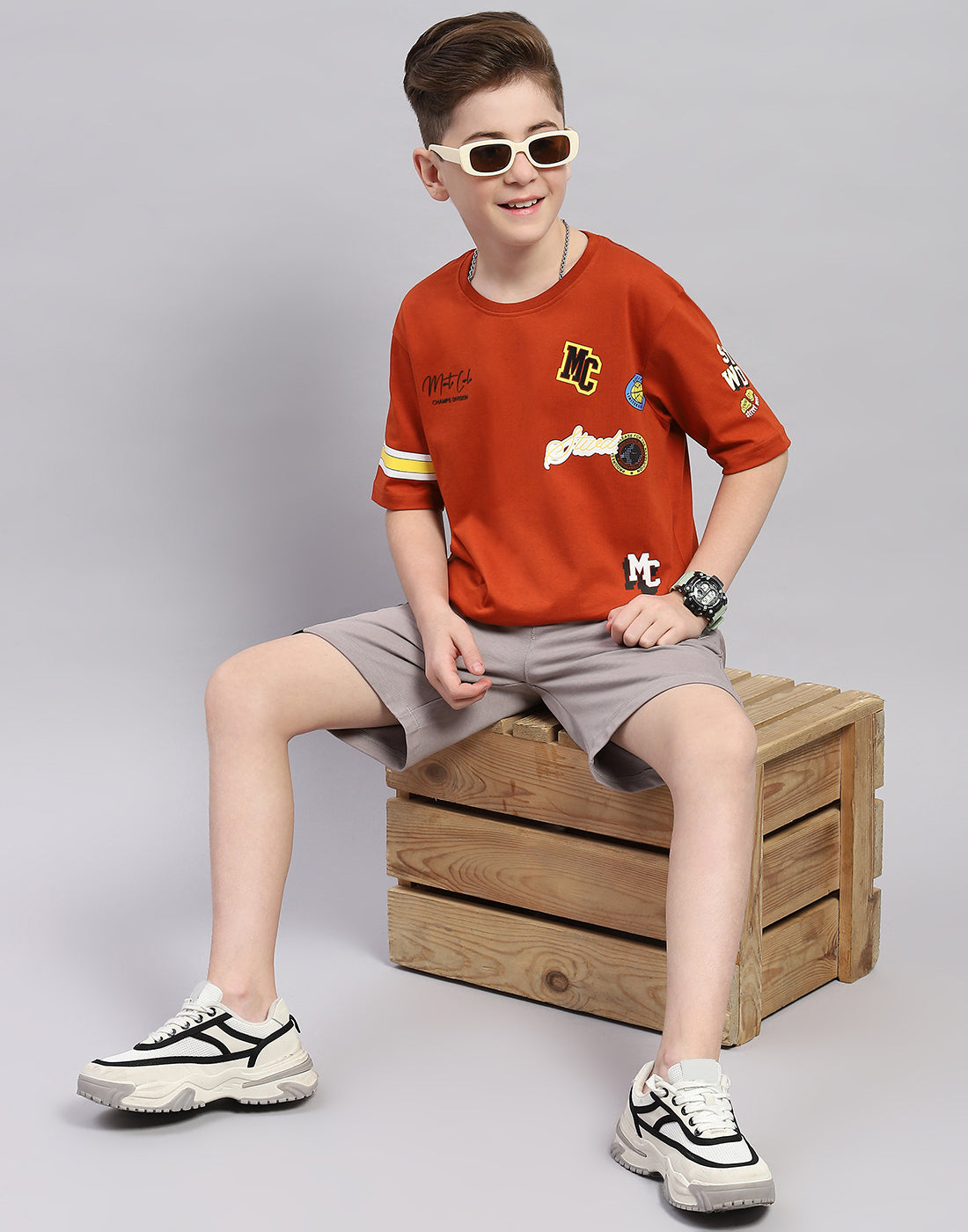 Boys Brown Printed Round Neck Half Sleeve T-Shirt