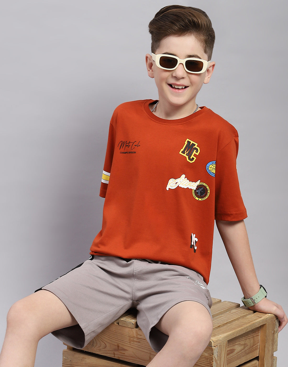 Boys Brown Printed Round Neck Half Sleeve T-Shirt