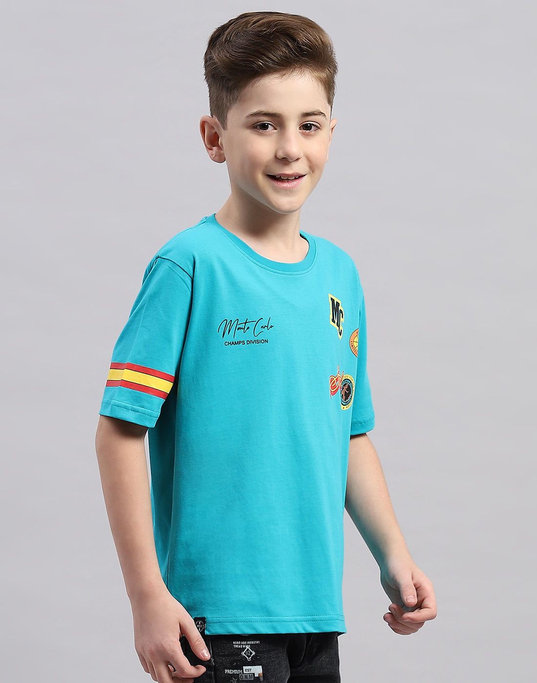 Boys Blue Printed Round Neck Half Sleeve T-Shirt