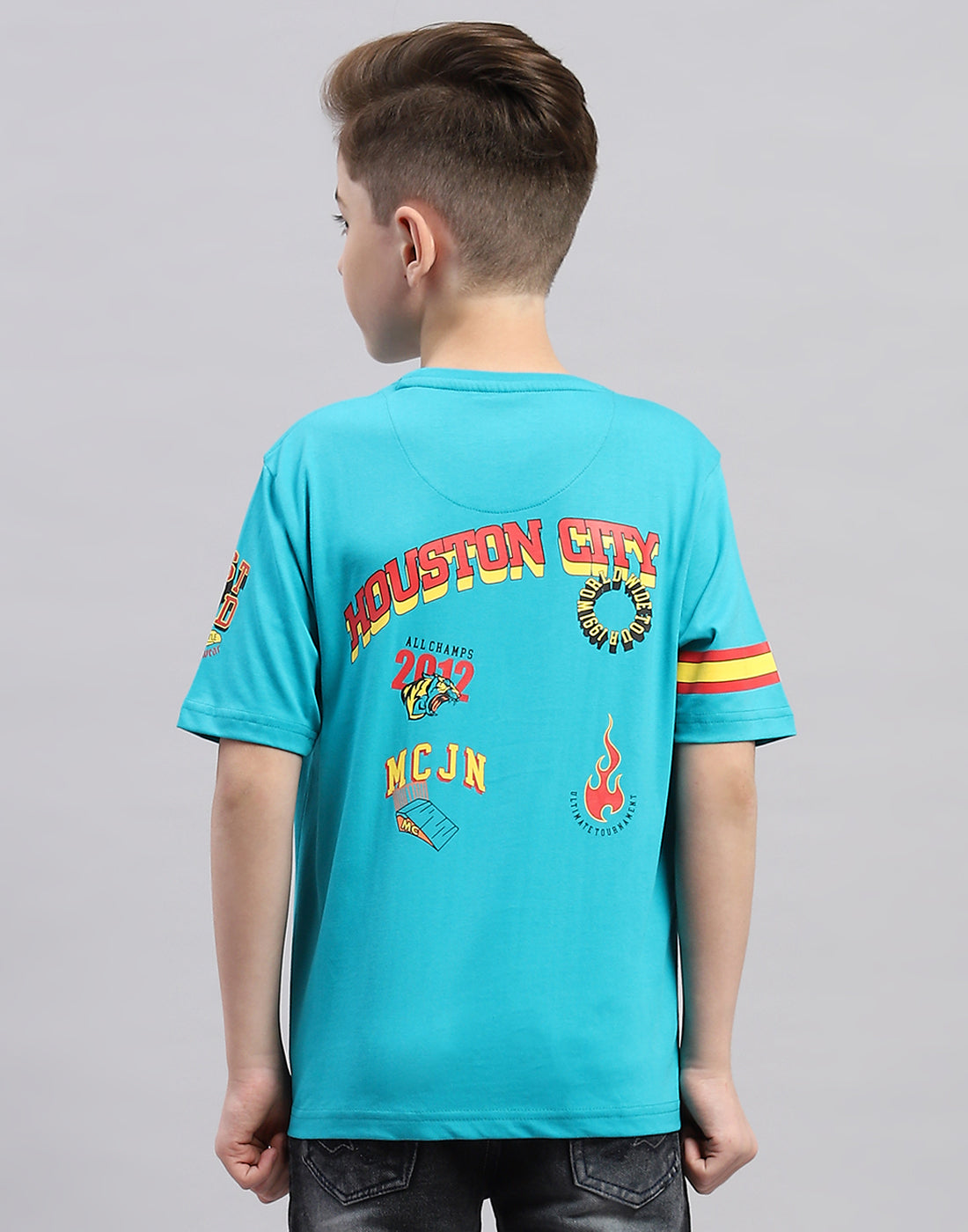 Boys Blue Printed Round Neck Half Sleeve T-Shirt